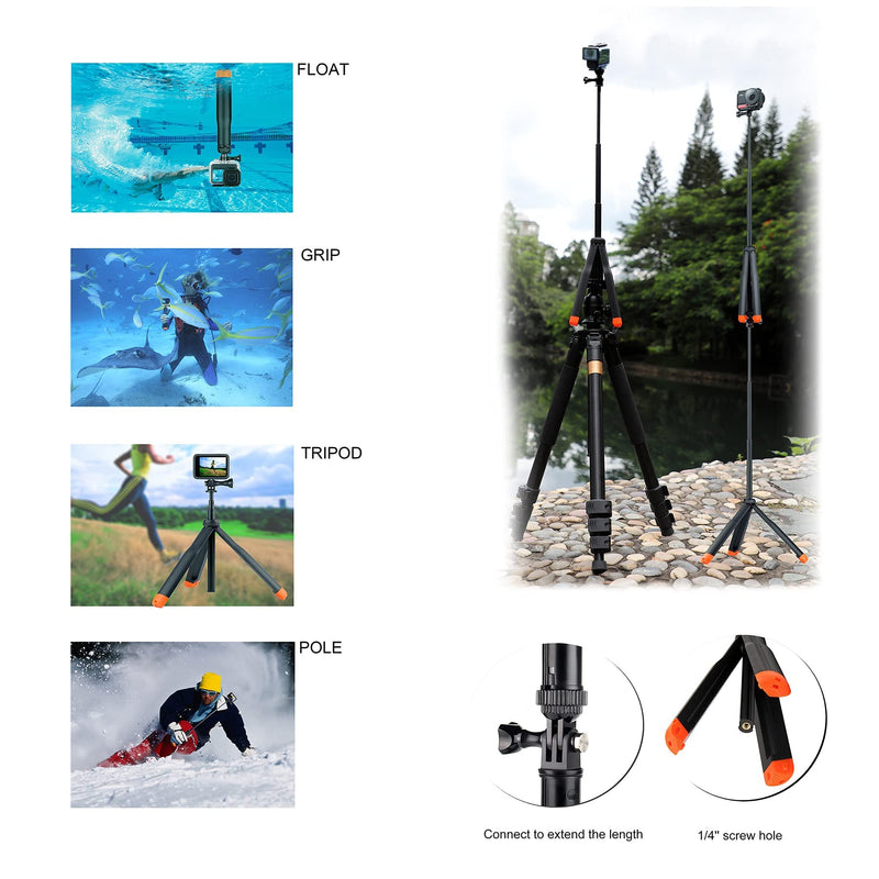 Floating Selfie Stick for GoPro Hero 13 12 11 10 9 8 7 6 5 4 3 Mini Max Fusion Session, SJCAM, AKASO Action Camera, 4 in 1 Underwater Waterproof Pole Monopod Hand Grip Tripod Stand