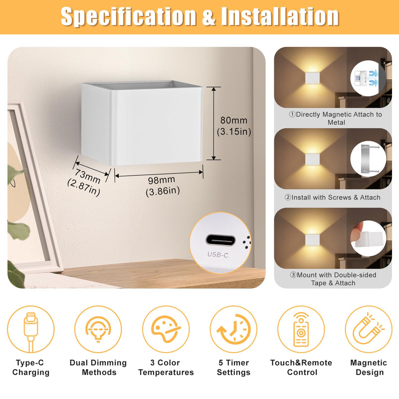 [AUSTRALIA] - Yochoice Motion Sensor Wall Light Indoor Set of 2, 6000mAh Wireless Rechargeable Battery Operated LED Sconce Up Down with Touch Remote Control, Battery Powered Magnetic Wall Lamps with 3CCT, White 2-pack 