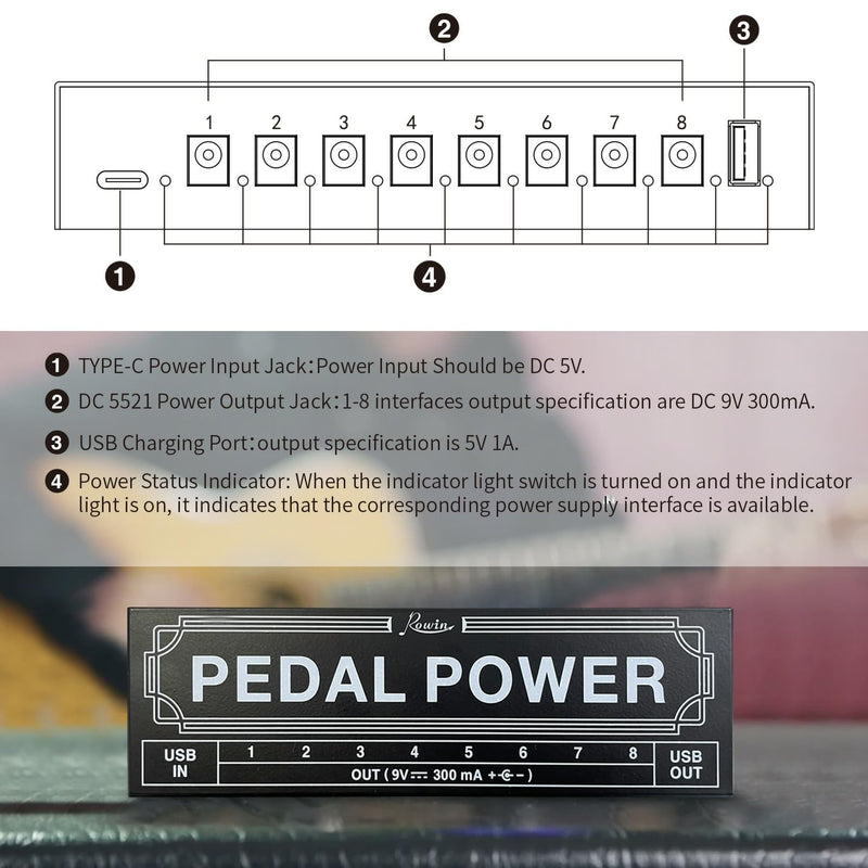 Rowin PW-2 Guitar Pedal Power Supply 8 Isolated DC Output for 9V Guitar Bass Effect Pedals with USB Charging Port for iPhone iPad Tablet PW-02