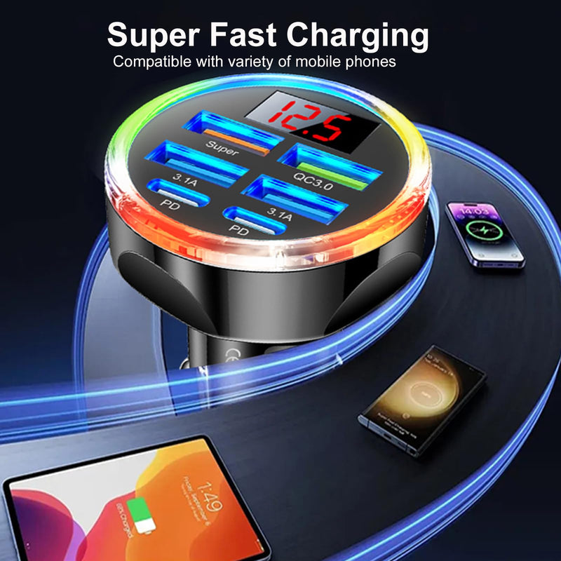 Super Fast Charge USB C Car Phone Charger Adapter 6 in 1 with Voltage Display, 250W Multi Port Cigarette Lighter USB Charge for iPhone 17 16 15 14 13 12 11 Samsung Galaxy Huawei Oneplus Oppo Vivo