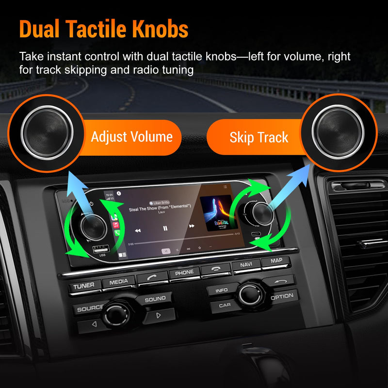 Single Din Car Radio with Apple CarPlay, Backup Camera，External Mic,Single Din Touchscreen Radio Supports Android Auto, Bluetooth, Dual Physical Knobs,SWC, EQ, FM Radio (Black) Black