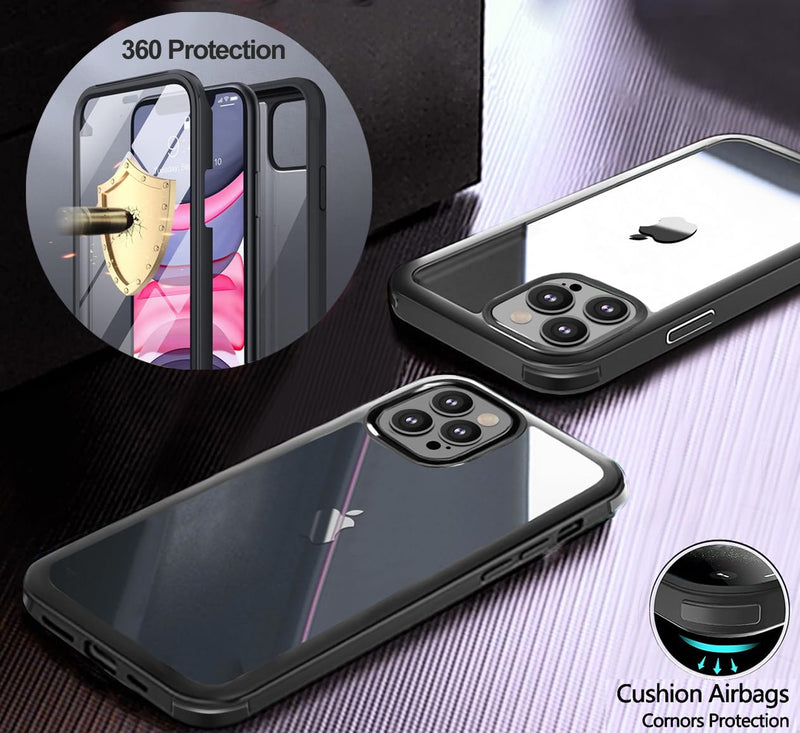 UBUNU Case for iPhone 12 Pro Max [6.7 inch], New Upgraded Dual Layer Full Body Protective Clear Phone Case with Built-in Screen Protector, Black