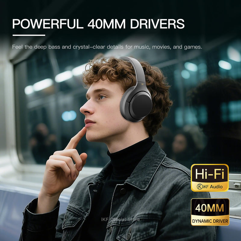 iKF T1 Pro Bluetooth Over-Ear Headphones, 100H Playback, 3.5mm Wired | HiFi Sound, Wireless Multipoint Connect, 38ms Low Latency, 40mm Custom Drivers, Foldable, Travel, Work, Gaming, Offwhite