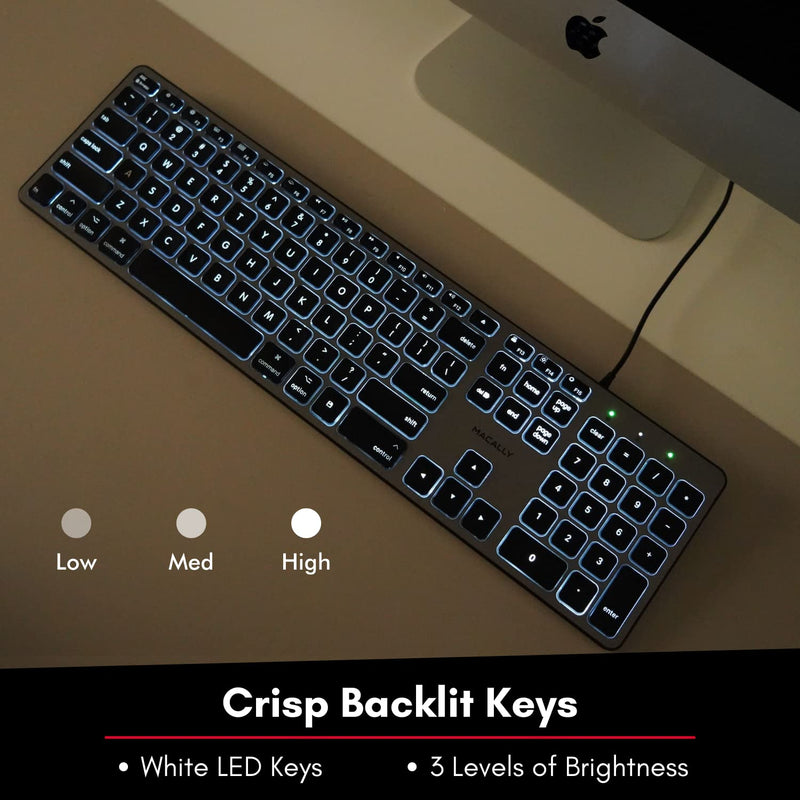 Macally Backlit Mac Keyboard Wired - Quiet, Sleek, and Functional - 3 Brightness Levels, 107 Keys - 5ft USB Wired Apple Keyboard - Backlit Wired Keyboard for Mac, iMac, MacBook Pro/Air - Space Gray