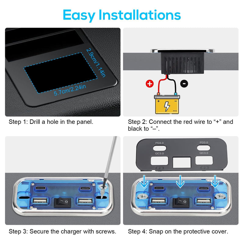 Linkstyle 2PCS RV USB Outlet, 76W Dual 18W USB-A & Dual 20W PD3.0 Ports, Power Outlet Panel with Switch for 12V/24V Car Truck Marine