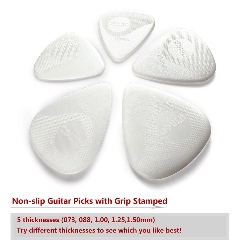 [AUSTRALIA] - WINGO Guitar Picks with Grip Stamped, Non Slip Picks 5 Pack (073, 088, 1.0, 1.25, 1.5mm) for Acoustic Electric Guitar Bass- White Color. 