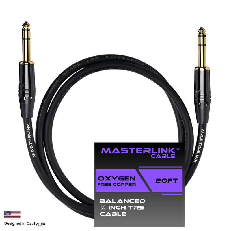 MASTERLINK 1/4 Inch TRS Instrument Cable 20 FT | Gold Connectors, Balanced 6.35mm Male to Male Jack Stereo Audio Balanced Line for Synths, Keyboard, Mixer, Amplifier, Speakers, Electric Bass Guitars 20FT