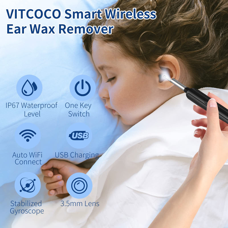 [AUSTRALIA] - Earwax Remover Otoscope, VITCOCO WiFi Ear Cleaner Camera 5MP HD Ear Camera IP67 Waterproof Ear Mirror 3.5 mm Lens Ear Endoscope with 6 LEDs for iPhone, iPad and Android Smartphones (Black) Black 
