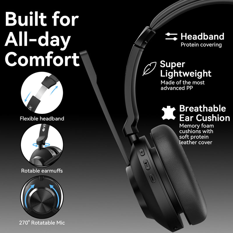 Voistek Wireless Headset with Mic for Work, Bluetooth Computer Headphones(Bluetooth 5.3 + USB Dongle) w/Noise Cancelling Mic & Mute Button for Work,Home Office,Zoom,Teams,Online Meetings (Grey) Gray