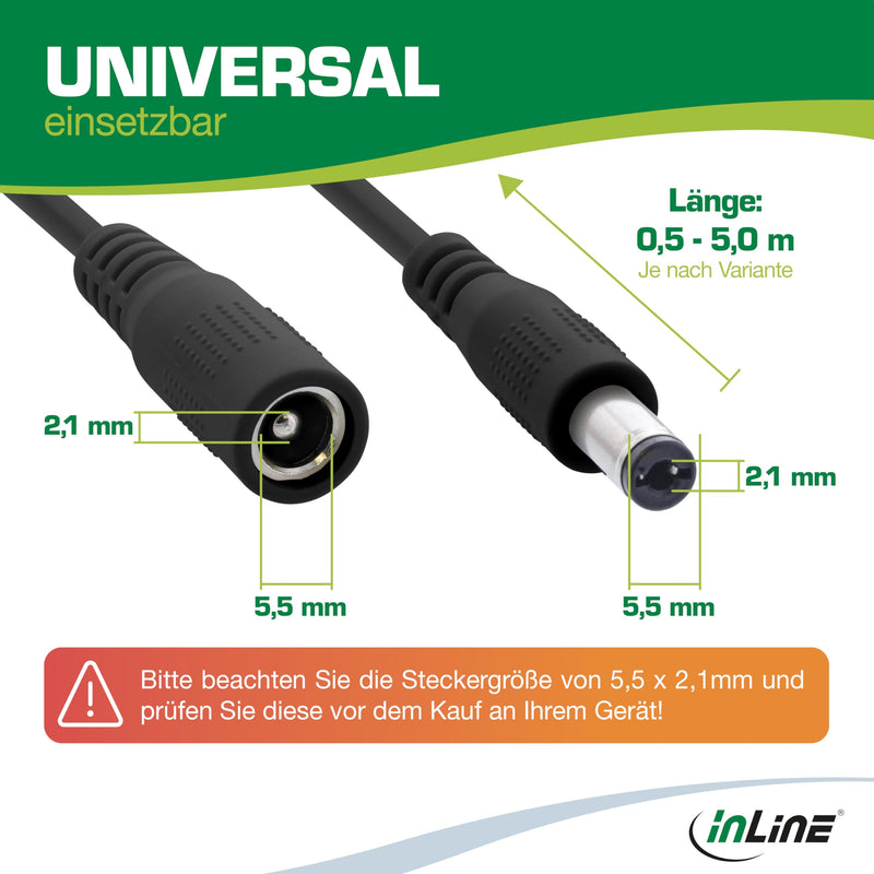 InLine - DC Extension Cable, Universal Power Supply Extension Cable for LED Strips, Security Cameras, Printers, Routers, Switches and much more, DC Male/Female 5.5 x 2.1 mm, Black, 1 m 1m