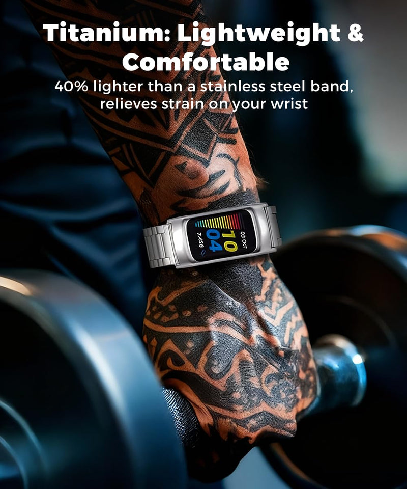 Titanium Watch Metal Band Strap for Fitbit Charger 6 & 5 Men | 40% Lighter than Steel,Hypoallergenic,Corrosion Resistant,Durable,Fits wrist 5.9"-8.6",Length Adjustable,Secure Clasp black Fitbit charger 6/5
