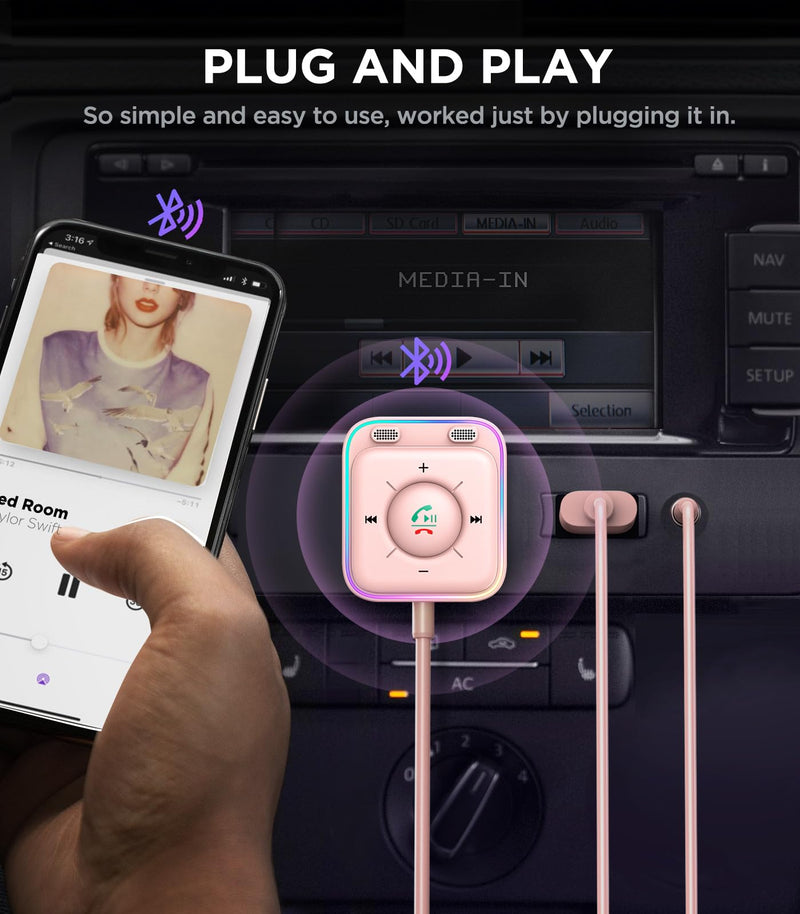 JOYROOM Bluetooth 5.4 Car Adapter with Dual Mics and Noise Cancellation, AUX Bluetooth Car Kit with Plug-and-Play and Noise Filter for Hands-Free Calls and Stereo Audio, Pink