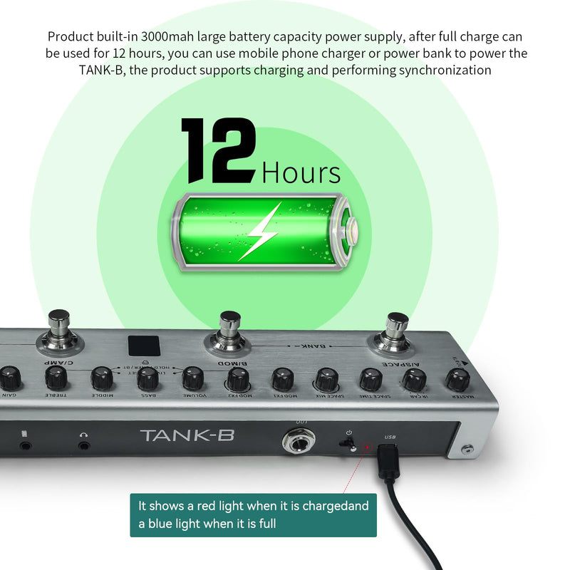 Guitar Pedal Multi Effects Bass with 36 Editable Presets, Chorus, Amp, Delay, Reverb, MOD, IR CAB, Music Recording, Tuner, Built-in Battery, BT Connection Digital Electric Bass Effector Bluetooth