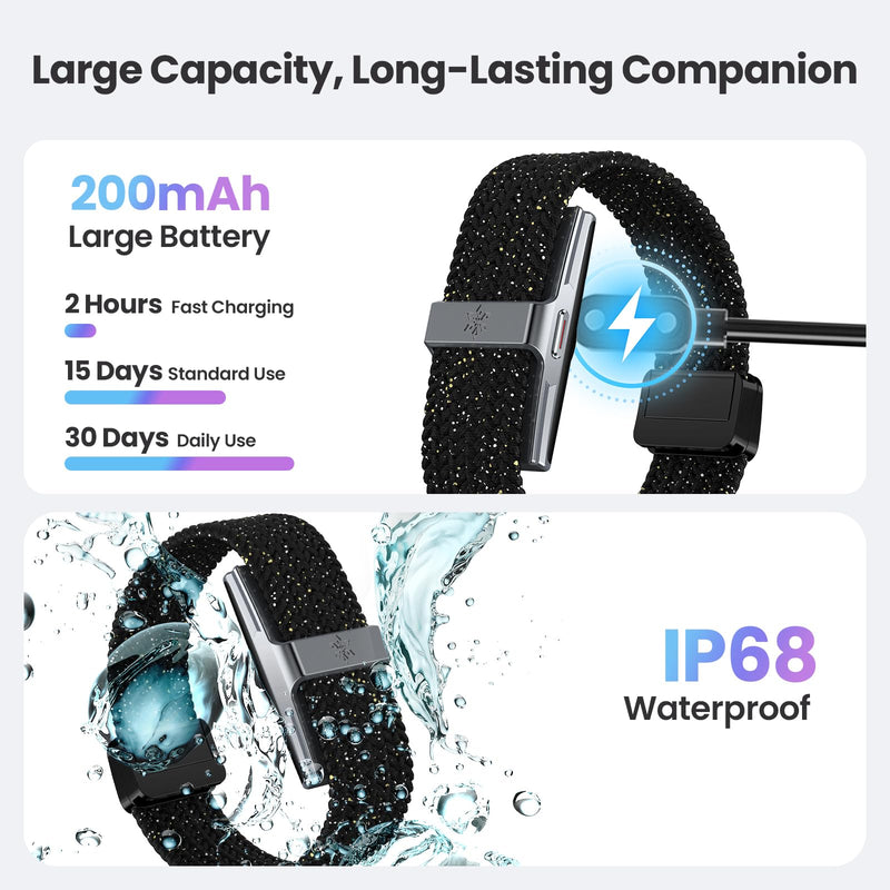 Screenless Fitness Tracker Heart Rate Sleep Monitor for iOS Android | IP68 Waterproof Activity Tracker with 2 Elastic Braided Bands, Long Battery Life, Step Counter and Auto Health Tracking