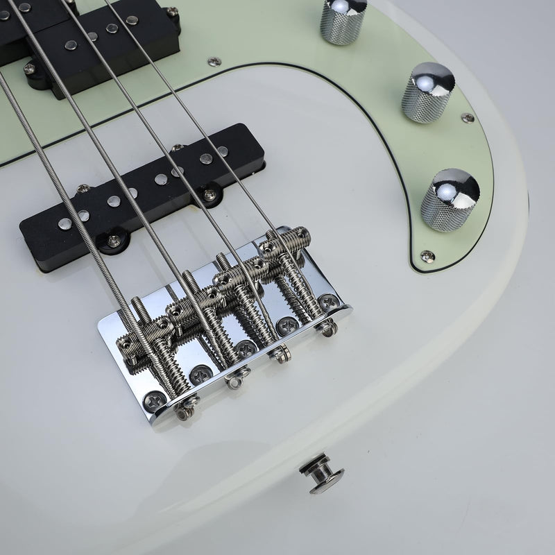 Chrome Electric Bass Guitar Bridge with Stainless Steel Threaded Saddles Plate 4 String Fixed Bridge Compatible with Vintage style Fender Jazz Precision Bass Bridge Replacement Parts 4 Piece Chrome
