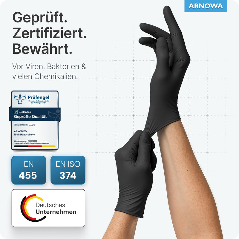 ARNOMED Disposable Gloves, Pack of 100 Black L Nitrile Gloves, Powder-Free and Latex-Free Disposable Gloves, Gloves Available in Size XS, S, M, L, XL and XXL