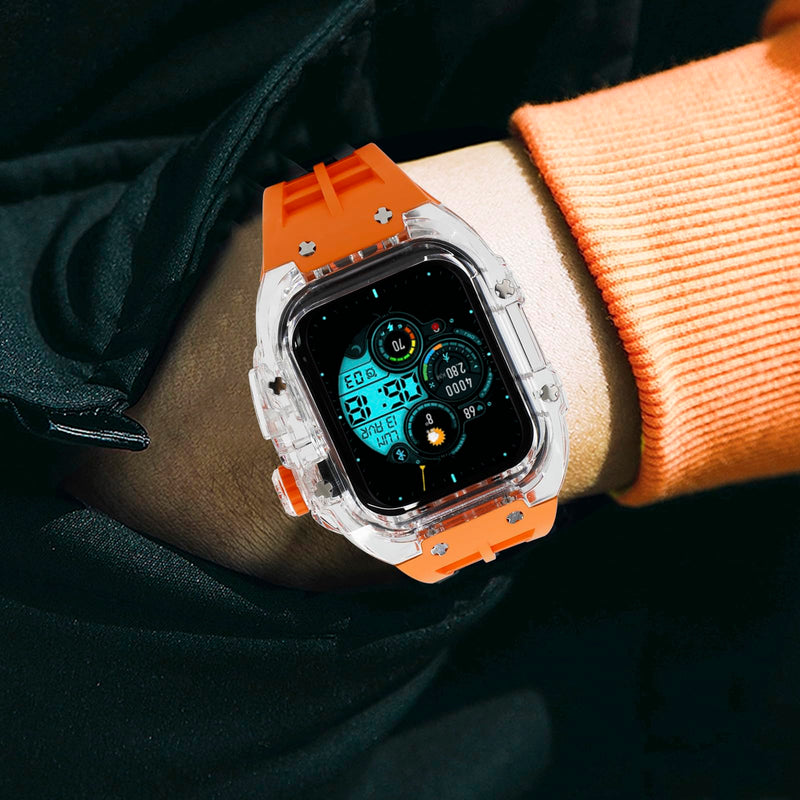 Luxury Transparent Case with Fluororubber Band for Apple Watch 45mm, Crystal Clear Full Protection for iWatch Series 9/8/7 TRN+Orange Pin