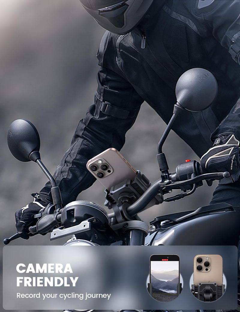 Lamicall Motorcycle Bike Phone Mount - [No Block Camera] [1s Lock] Bike Cell Phone Holder Clamp, Bicycle Scooter Handlebar Clip, Gifts for iPhone 17 16 15 14 Pro Max, Galaxy S25 Ultra, 4.7-7" Phones Black