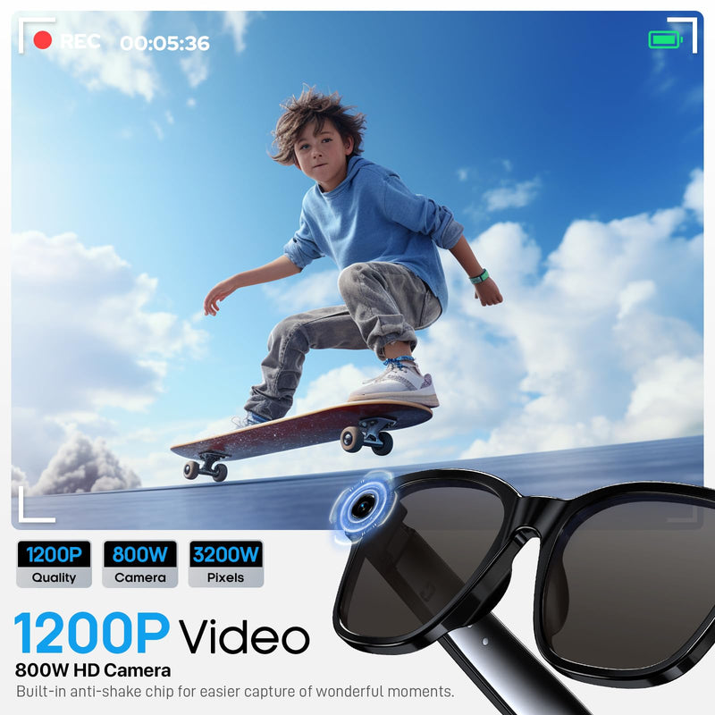 Nemheng AI Smart Glasses with 800mp Camera – Real-Time Translation in 139 Languages,1200p Video Recording,Open-Ear Audio,Object Recognition for iOS Android Glossy Black