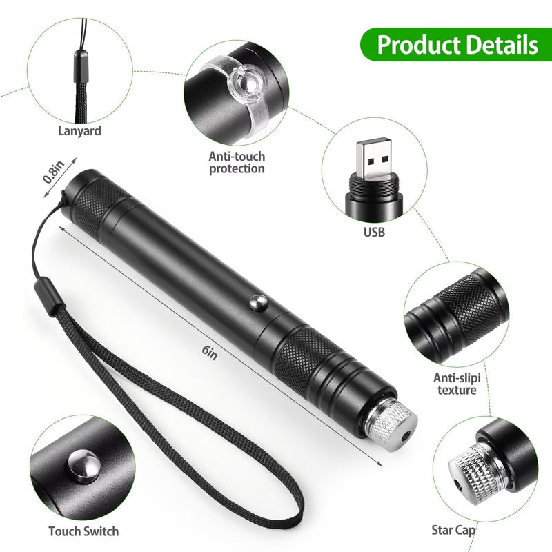 Laser Pointer High Power Rechargeable Lazer Pointer, Laser Pen with Long Range Adjustable Focus with Star Cap, Laser Pointer Pen Suitable for Outdoor, Astronomy, Cats Dogs (Green)