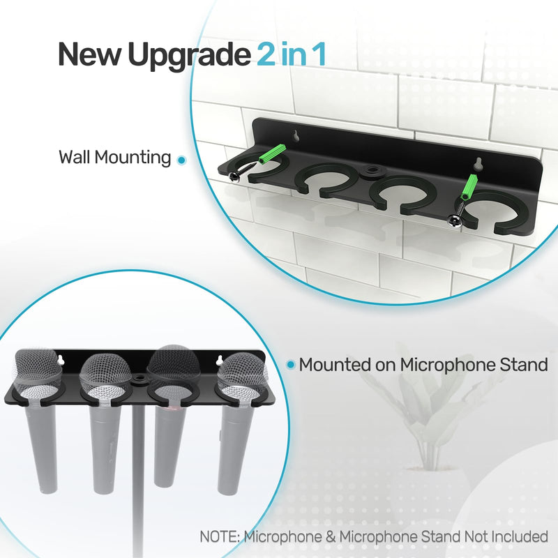 2025 Upgrade Multi Microphone Holder for Mic Stand Storage Organizer for Handheld Dynamic Wired and Wireless Mics Wall Mount or Rubber Padding to 5/8"-27 or 3/8"-16 Threaded - Up to 4 Mics Mic UP to 4 - Black