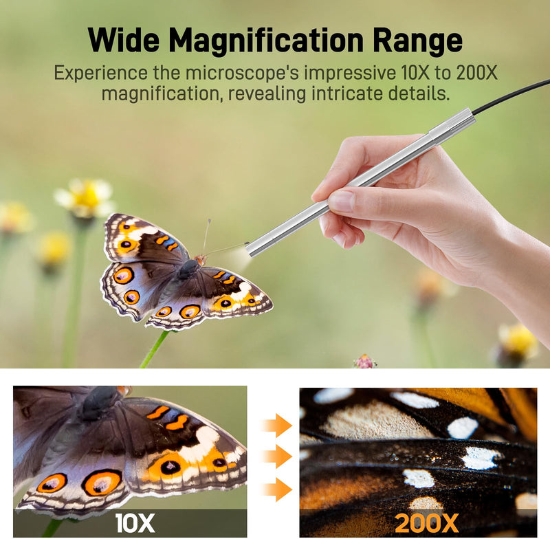 [AUSTRALIA] - Teslong USB-C Digital Microscope, 10X to 200X Magnification Portable Camera with 8 LED Lights, Handheld Rotating Metal Stand for Coin, Electronic, Compatible with iPhone 15+ and Android Devices 