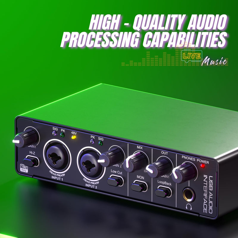 24Bit 192kHz Audio Interface, 2 In 2 Out USB Audio Interface for Recording, Streaming, Podcasting with Pro Audio Mixer, Mic Preamplifier, XLR TSR TS Ports, 48V Phantom Power