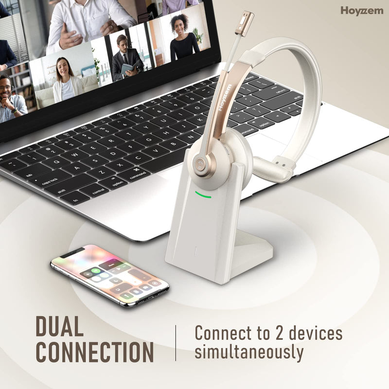 [AUSTRALIA] - Bluetooth Headset, Wireless Headphones with Microphone Noise Canceling & USB Dongle, V5.0 Trucker Bluetooth Headset with Mic Mute & Charge Dock for PC/Laptop/Phone/Meeting/CallCenter/Office Gold Wireless Single Ear 