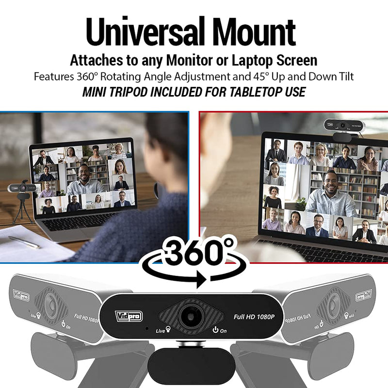 Vidpro CM-HD 1080P Full HD Webcam with Built-in Microphone and Mini Tripod - Plug and Play 85-Degree FOV USB Webcam with Noise Canceling Filter Perfect for Video Calls Meetings Live Streaming Gaming