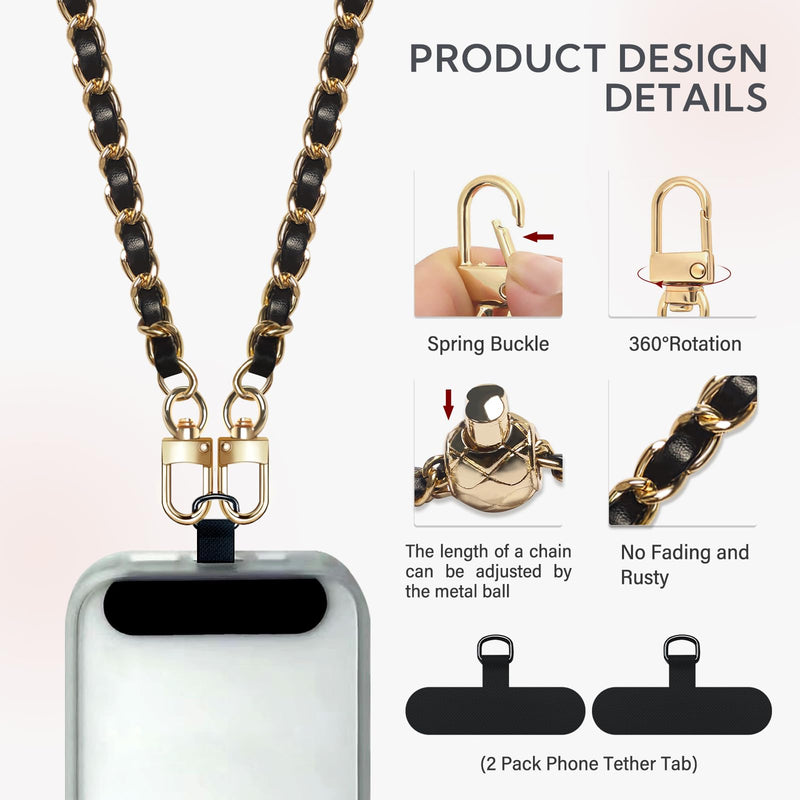 BFSD·DM Phone crossbody strap, 2× Pads,1× Leather Phone Strap,1× Phone Wrist Strap,1× Adjustable Finger Strap,Universal Crossbody Patch Phone Lanyards,Compatible with Most Smart, phone lanyard Gold/Black Adjustable