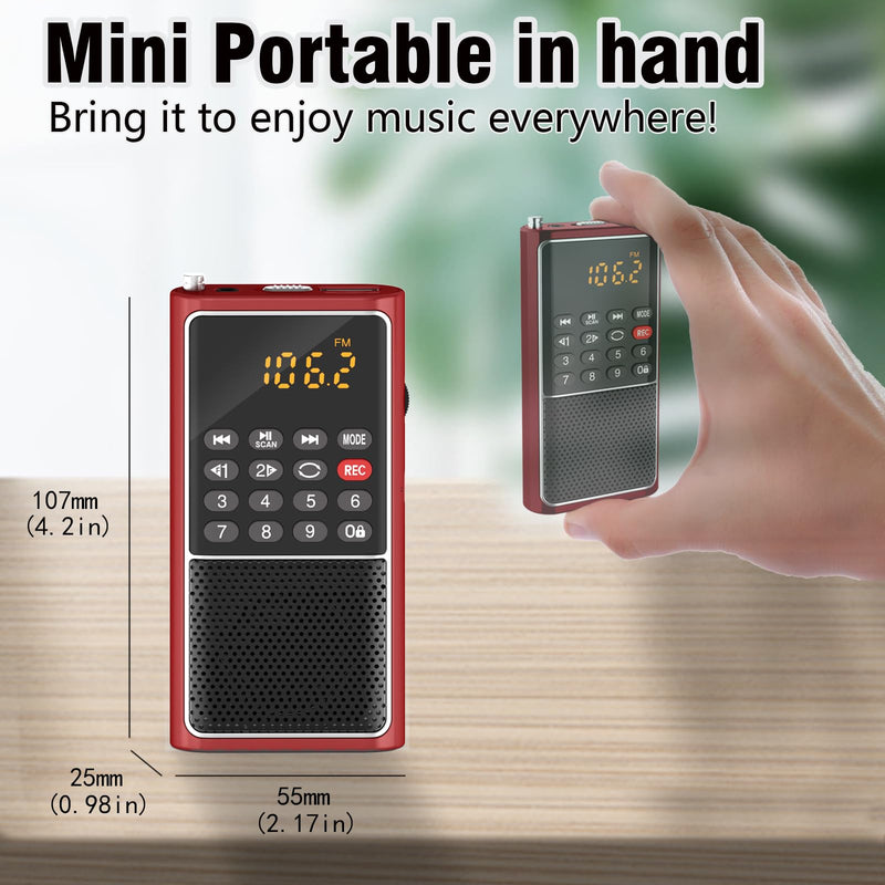 [AUSTRALIA] - Small FM Radio Pocket Portable Radio,Rechargeable Battery Operated,USB/Micro SD Card/TF Card Slot Mp3 Player,Numeric Key, with Recorder,Excellent Reception and Sound,Suitable for Home & Outdoor Use RED 