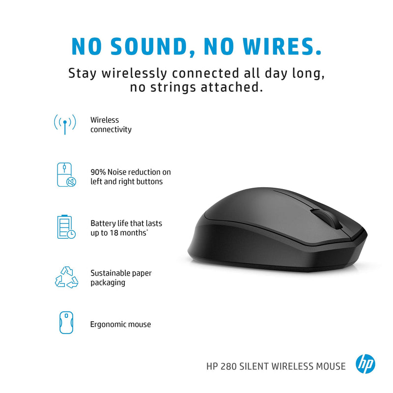 HP Wireless Silent 280M Mouse - Ergonomic Right-Handed Design, 18 Month Battery Life, and 2.4GHz Reliable Connection - Works for Computers and Laptops - Far Quieter Clicks Than Most Mice