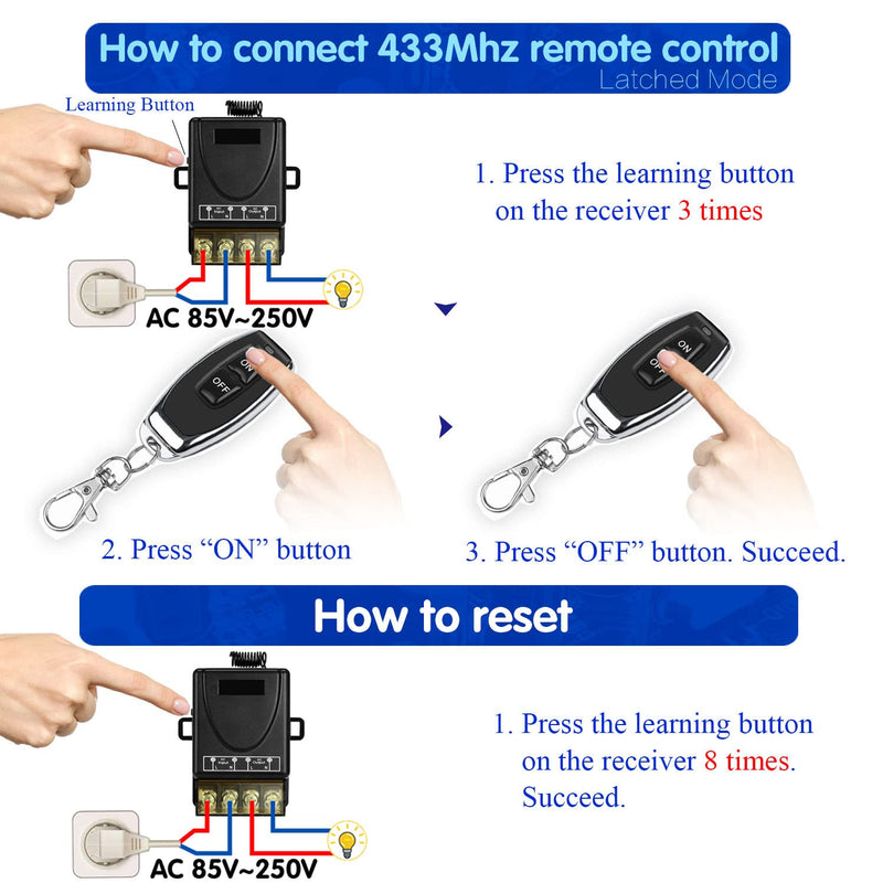 DieseRC 433Mhz Wireless Remote Control Switch AC 110V 120V 240V 220V 30A Relay Receiver with 2 Transmitters for Light Water Pump Household Appliances Farm Irrigation and Electrical Equipment