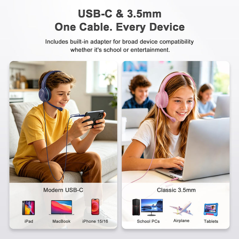 SIMOLIO-Kids-Headphones-School with-USB-C to 3.5mm Dongle, Boom-Microphone | 75/85/94dB Volume Limit,Mute Button,Bag, Stereo Over-Ear Wired Headset for iPad,iPhone,Tablet,Boy,Girl,Gaming,Travel,Airplane Rose & Navy USB C & 3.5mm