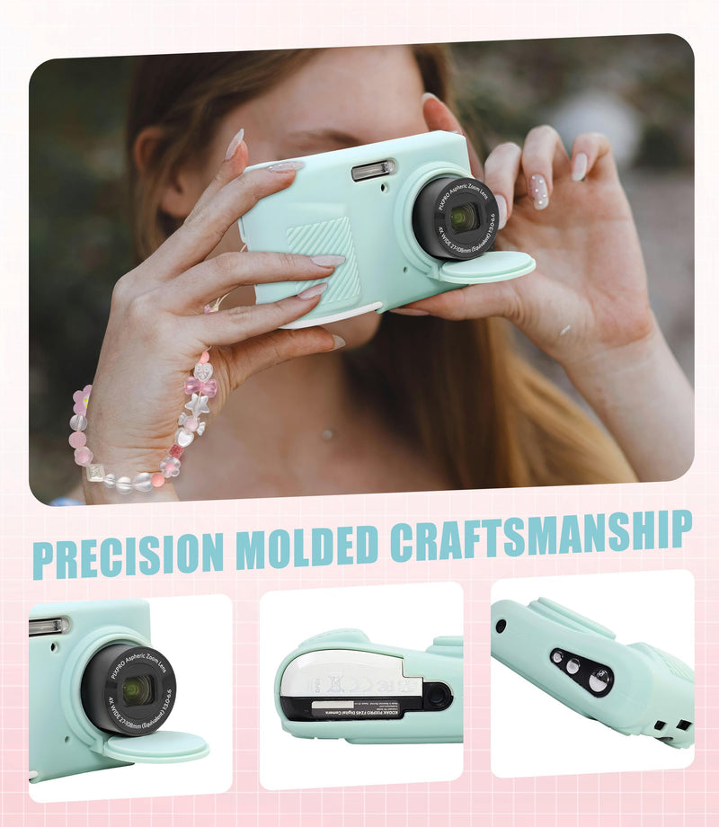 Seltureone Camera Case for Kodak PIXPRO FZ45 with Cute Camera Charm Wrist Strap and Screen Protector, Built-in Lens Cap Soft Silicone Protective Case for Kodak PIXPRO FZ45 Accessories - Mint Green