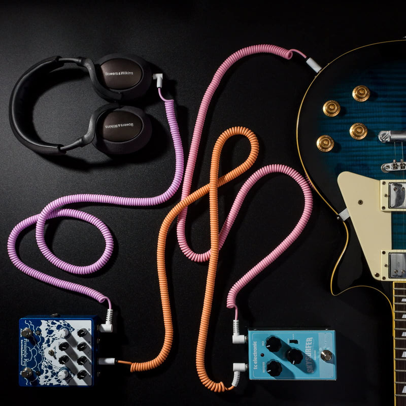MyVolts Candycord Audio Cable, Angled Mini Jack to Angled Large Jack, Curly 100cm to 200cm, Sunset Peach Colour