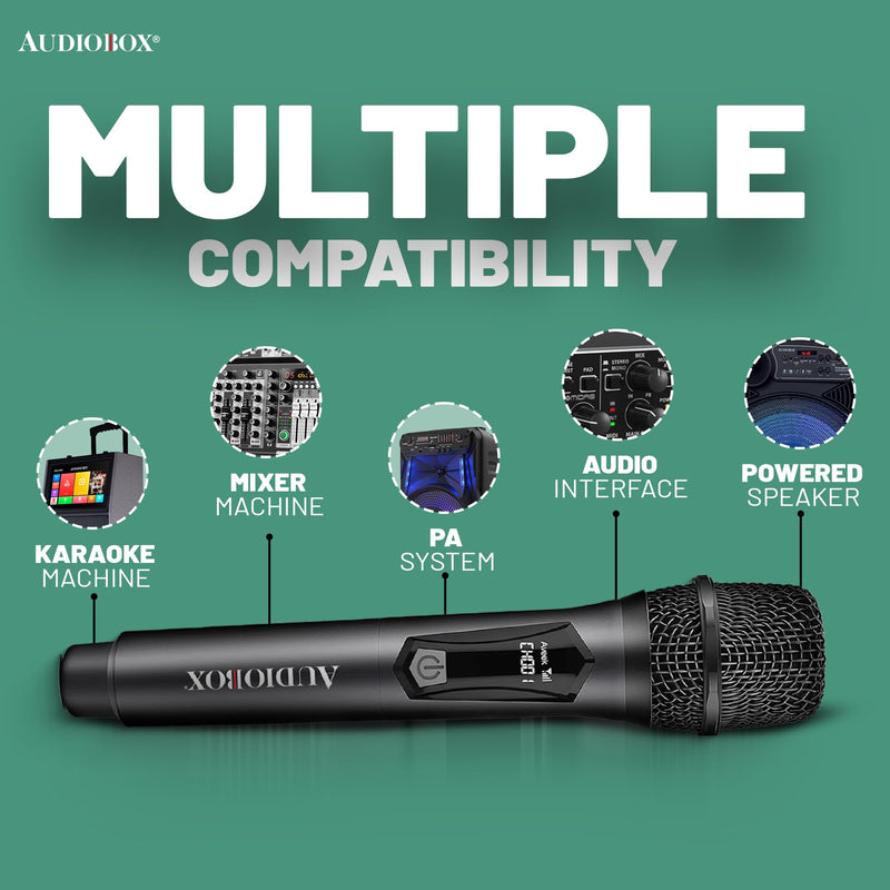 [AUSTRALIA] - Audiobox Wireless Microphone, UHF Metal Dynamic Handheld Multipurpose Mic with Rechargeable Receiver (4hrs), 160ft Range, for Karaoke Machine, Amplifier Speaker, Mixer, Church, PA - Black (2) 2 
