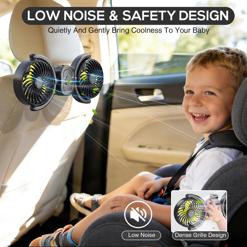 Dealswin Rechargeable Car Fan for Backseat Kids, Battery and USB Dual Power Car Fans, Independent Control 360°Adjustable Dual Head Car Seat Fan Headrest Cooling Fan for Sedan SUV RV Truck Vehicle Large Green (Rechargeable)