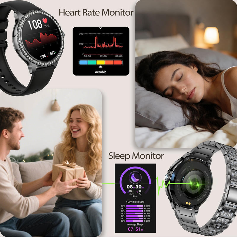 Smart Watch for Women with Diamonds, Bluetooth Calls, 1.32'' Full HD Screen Fitness Tracker with Multiple Sports Modes/Heart Rate/Sleep Monitor, IP68 Waterproof for Android iOS, Elegant Black