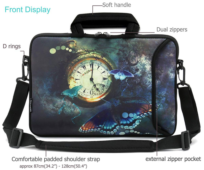 RICHEN 11 11.6 12 12.5 13 inches Case Laptop/Chromebook/Ultrabook/Notebook PC Messenger Bag Tablet Travel Case Neoprene Handle Sleeve with Shoulder Strap (11-13.3 inch, Clock &Butterfly) 11-13.3 inch Clock & Butterfly