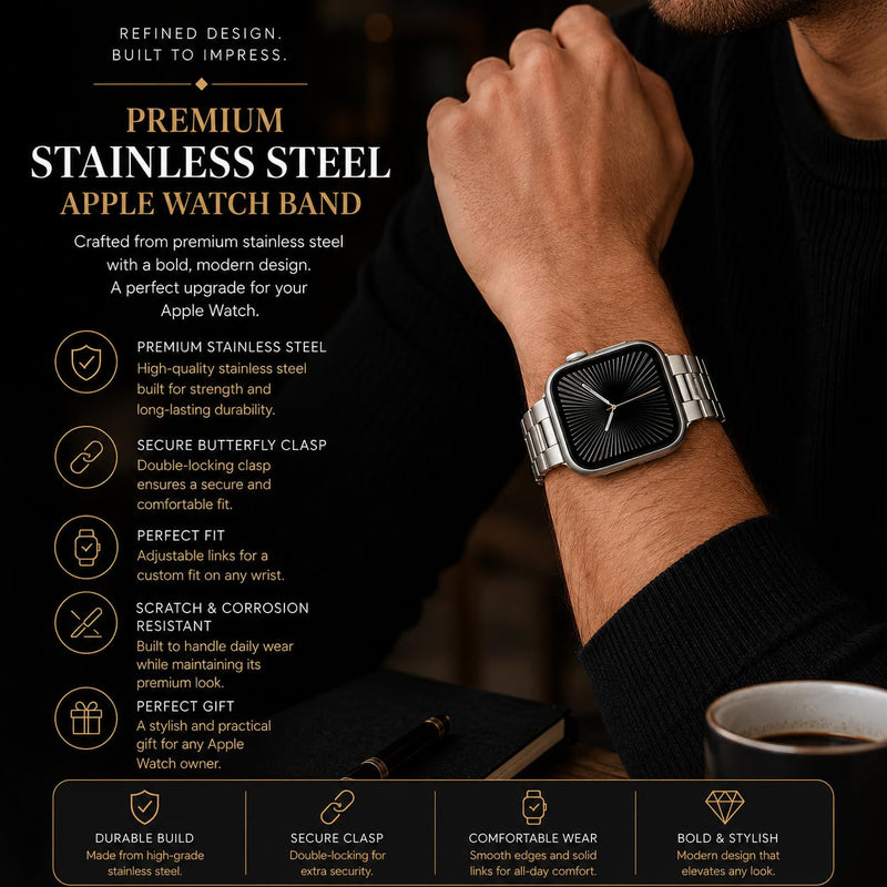 Premium Stainless Steel Apple Watch Band with Quick-Release Links 42mm, 44mm, 45mm, 46mm, 49mm (Silver)