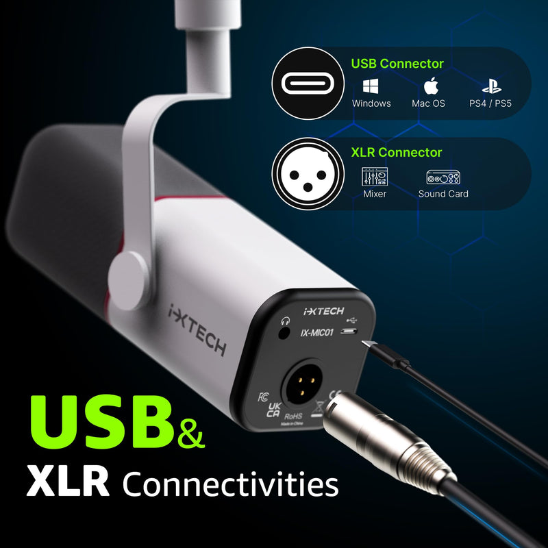 IXTECH Cardioid Dynamic Microphone with Mic Cover, Vocal USB XLR Microphone for Podcasting, Streaming, Recording, Gaming and Voice-Over (White) Dynamic Mic White