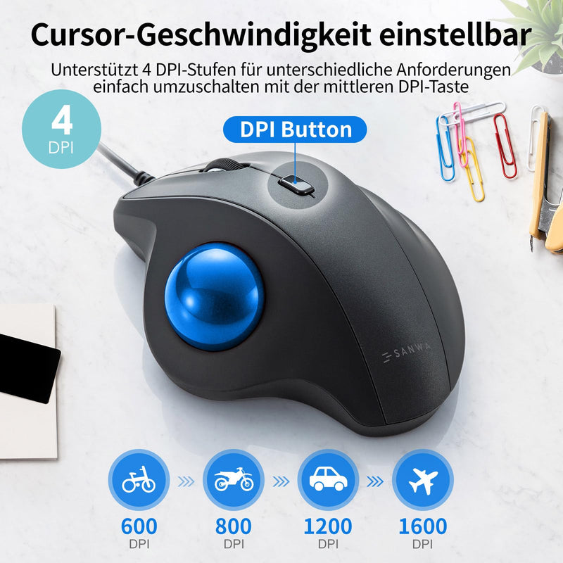 SANWA Wired Trackball Mouse, USB-C/A, Silent Clicks, Programmable, Blue | Right-hand Thumb Control, 600-1600 DPI, Smooth Roller Ball, Wrist Relief, Plug-and-Play, Compatible Win/ Mac, Remap Software