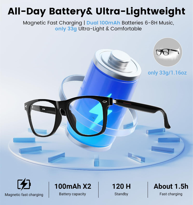 AI Smart Bluetooth Glasses for Men and Women with Translation | Real-time translation (115 languages), Glasses with speakers, Hands-free calls, Blue-light protection, for iOS/Android. Black frame Anti-Bluelight Lense
