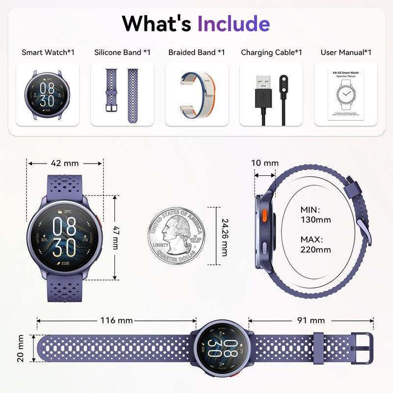 Smart Watch for Women/Men, Answer/Make Call, 1.27" Ultra-HD Screen Smartwatch for iPhone & Android, 3ATM Waterproof Fitness Tracker with Heart Rate/Sleep/SpO2 Monitor, 120+ Sport Modes, 2 Bands Purple