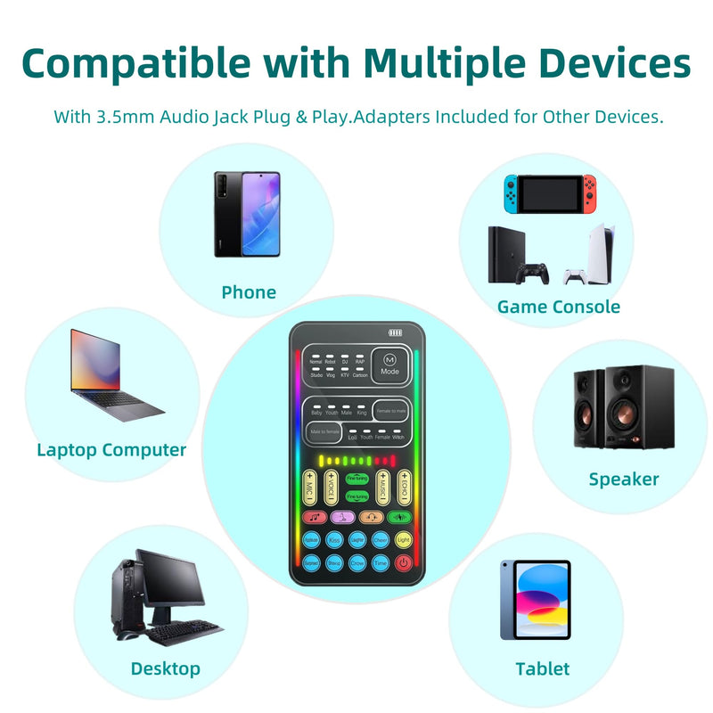 Real-Time Voice Changer with Sound Card – 8 Voice Effects, Full Accessories Included (Mini Mic, Monitor Earphone, 2 Adapters), Plug & Play, Compatible with PC, PS5, Xbox, Switch, Android & iOS