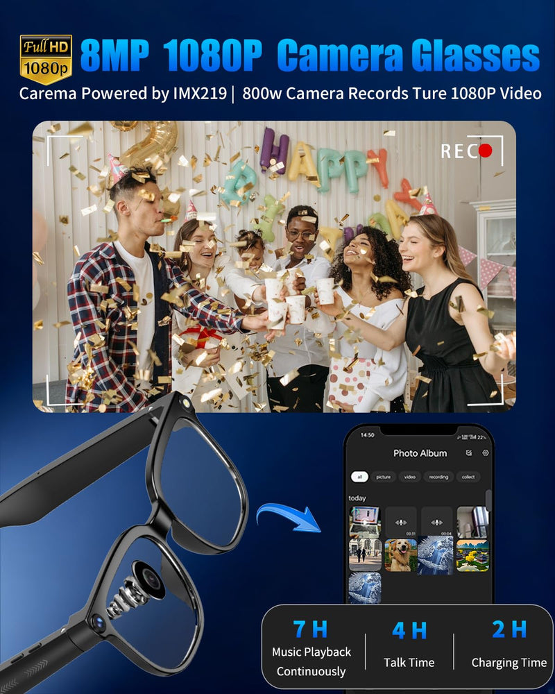 800W Ai Smart Glasses with Camera 1080P HD Video Recording, AI Translator for 160 Languages, GPT Object Recognition, Bluetooth Audio, Photochromic Lenses, 290mAh Long Battery for Travel Sports M08