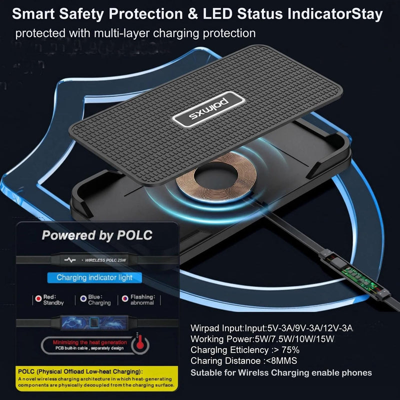Wireless Charger Car Charging pad,Polmxs 15W Fast Wireless Phone Charger Cell Phone Cordless Charging mat Compatible with iPhone 11/12/12/14/15 Galaxy S21/S22/S23/24 (C12Y)
