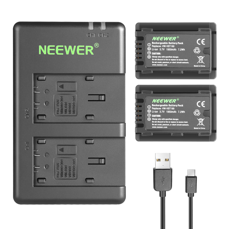 Neewer VW-VBT190 Battery (2-Pack/1950mAh) and Dual USB Charger Kit Compatible with Panasonic HC-V110 V130 V160 V180 HC-V201 V210 V250 HC-V380 HC-V510 V520 V550 HC-V710 V720 V750 V770 HC-VX870