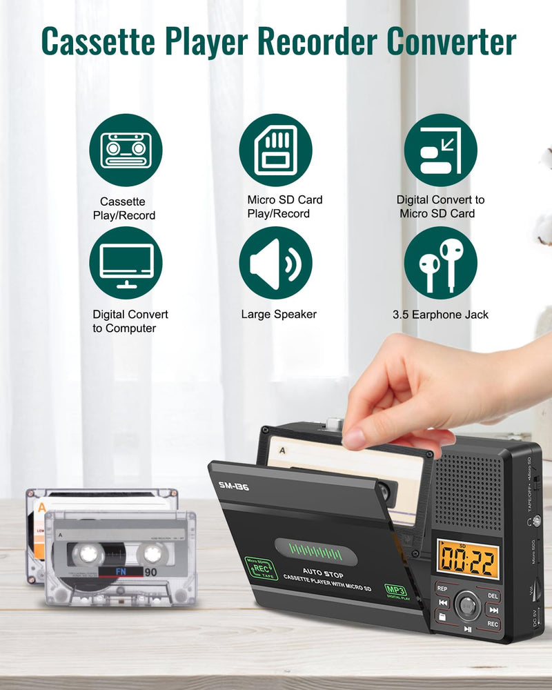 Portable Cassette Tape Player Recorder, Walkman Audio Cassette to Digital Converter via USB C or SD Card, LCD Dispaly, Build-in Microphone, Headphone Jack, Speaker, 16GB SD Card